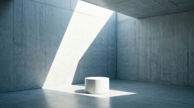A single white cube object sits in a stark concrete room, illuminated by a dramatic shaft of sunlight streaming from an overhead opening, creating a minimalist and serene mood.