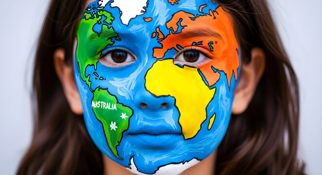 Woman with a face painted like the world map