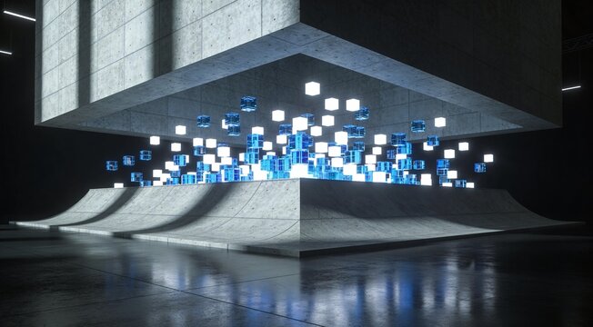 Conceptual architectural transformation from concrete structure into digital voxel formation, representing generative design, spatial computing, and real estate innovation