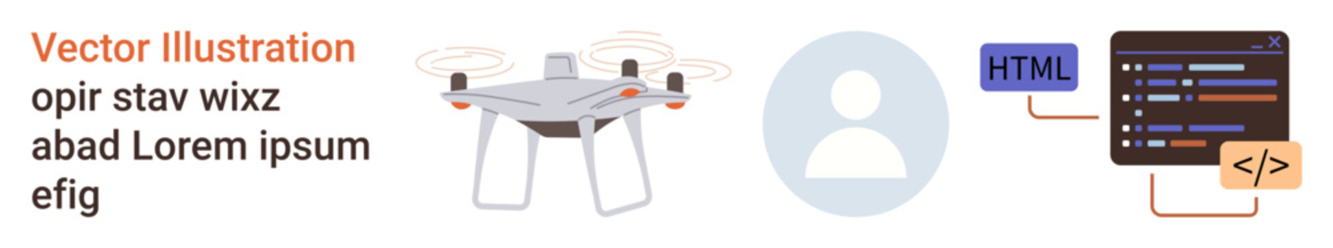 quadcopter technology, user interfaces, programming, coding concepts, digital identity, futuristic tech. Image a Quadcopter, a user profile icon and coding symbols. Drone technology and user