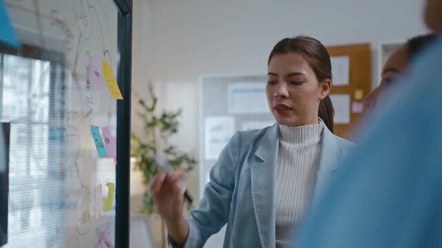 Group of young asian creative business brain storm meeting presentation,discussing roadmap to product launch, planning,strategy,new business development,working with new startup project in office.