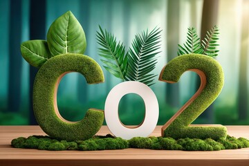 Fototapeta premium Green CO2 letters made of grass and moss symbolizing carbon, climate and environmental sustainability