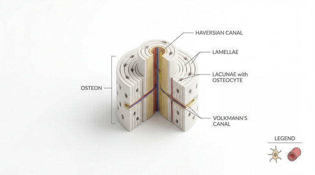 Minimalist Educational Diagram of Osteon Microscopic Bone Anatomy with English Text Labels