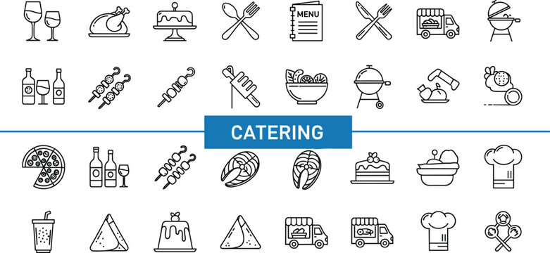 Catering food service outline icon set featuring restaurant meals drinks chef tools delivery trucks and buffet catering symbols