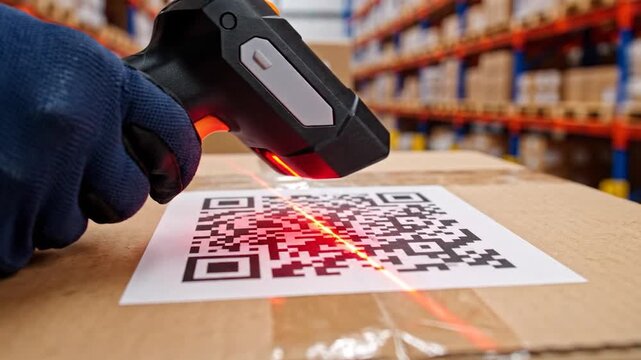 Hand scanning a QR code on a cardboard box in a warehouse