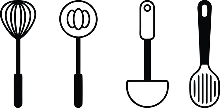 A collection of four black and white kitchen utensil icons including a whisk and ladles.