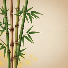 Naklejka premium Bamboo stalks with green leaves on beige background with yellow floral pattern
