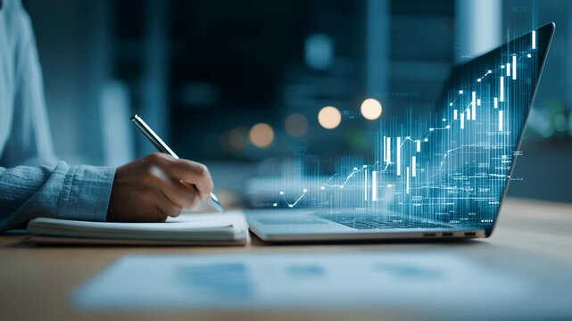 A close-up of a businesswoman analyzing financial data on a laptop with a digital overlay of economic growth charts and analytics graphs, her hand writing notes while reviewing performance metrics