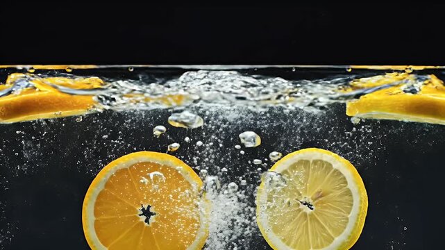 Slices of citrus fruit splash into clear water, creating bubbly explosions against dark background
