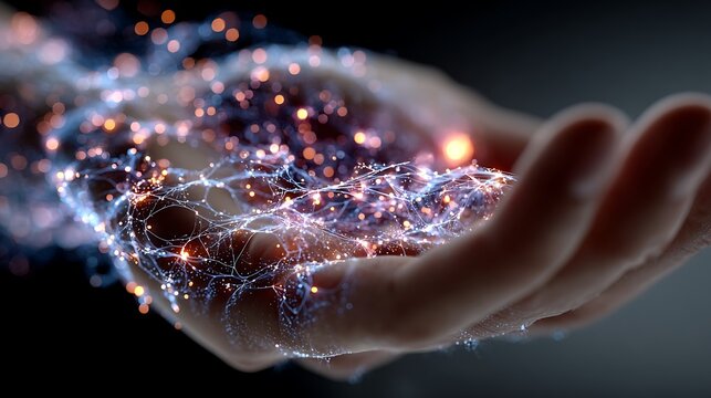 Glowing Network of Light Particles Emanating from Open Hand abstract background