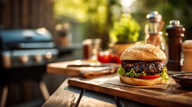 A freshly grilled BBQ burger as the main subject resting on a wooden serving board beside a backyard grill with barbecue tools and condiments nearby, bright natural afternoon sunlight illuminating the