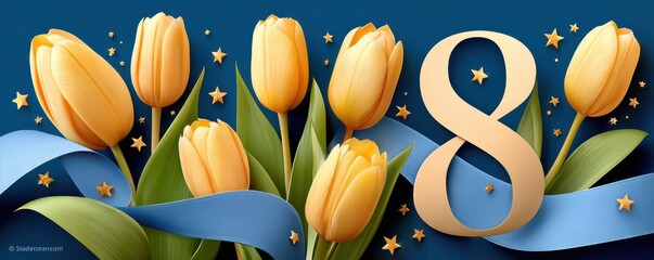 Naklejka premium Yellow tulips with blue ribbon and stars forming number 8 for spring celebration