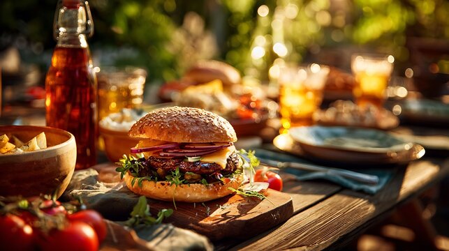A freshly grilled burger with vibrant toppings as the main subject displayed on a wooden picnic table surrounded by summer dishes, drinks and barbecue accessories in a lush backyard garden setting, wa