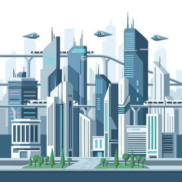 Futuristic cityscape with flying vehicles, monorails, and sleek, towering buildings