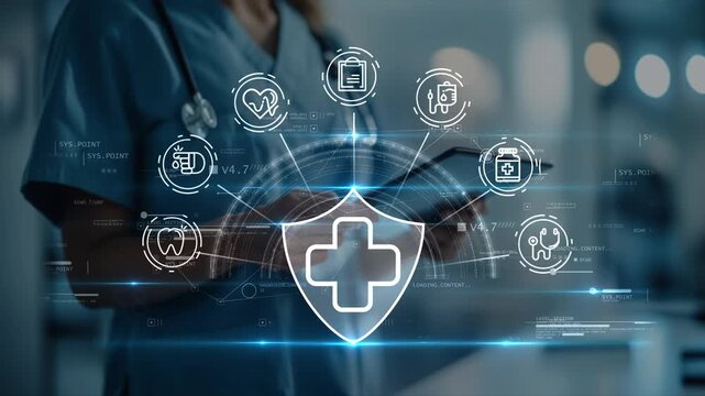 Female nurse using a tablet as a glowing medical shield icon appears and expands into healthcare symbols like treatment, medicine and dental care, representing protection and digital health services.