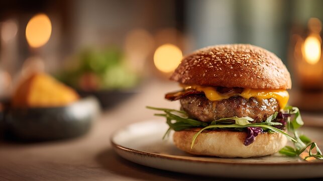 A handcrafted gourmet burger with premium ingredients stacked neatly as the main subject placed on a minimalist tasting plate on a chef&rsquo;s table surrounded by subtle culinary elements, focused directio