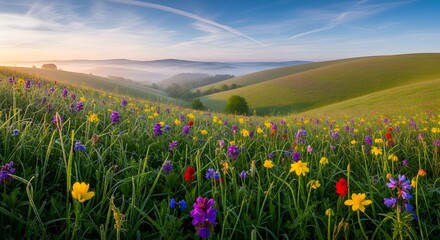 Fototapeta premium Vibrant wildflowers carpet gently rolling hills bathed in the warm glow of early morning light, revealing a serene misty valley under a clear, expansive sky