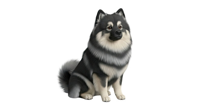 Finnish Lapphund sitting with fluffy tail and black and white fur