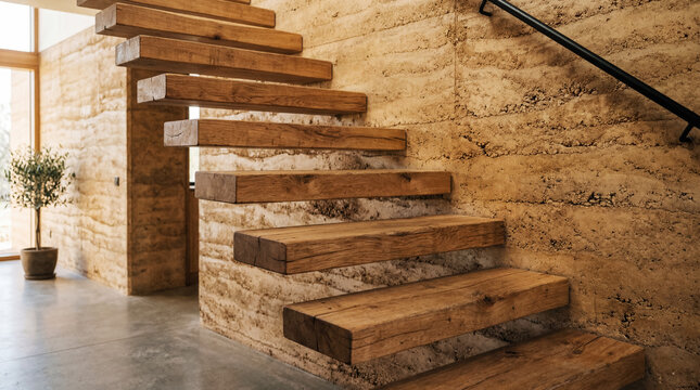 Cantilevered wooden staircase in rammed earth wall