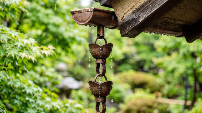 Rain chain hanging from copper gutter of earth house