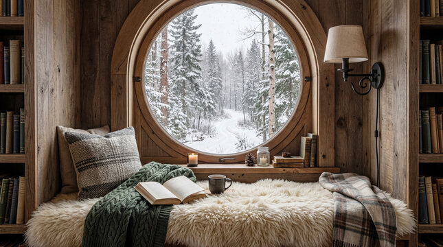 Reading nook with sheepskin and snowy forest view