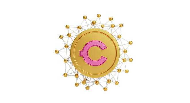Gold Coin with Pink 'C' Symbol Surrounded by Network of Spheres