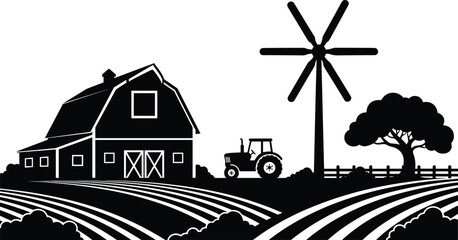 Farm landscape silhouette with barn tractor windmill and fields representing rural agriculture countryside farming and harvest concept for nature and organic design illustration © Tanzila
