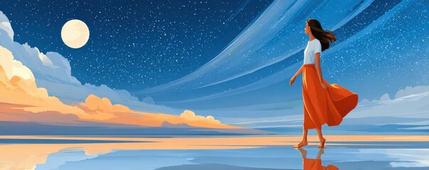 Fototapeta premium Woman standing on a shoreline under a starry sky, holding her flowing orange skirt