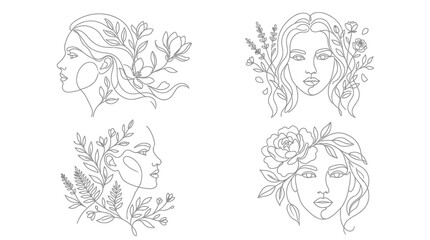 Fototapeta premium Elegant minimalist line art illustrations of women's faces with botanical elements, showcasing beauty and nature in a serene style.
