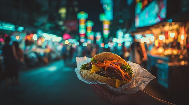 A juicy street food burger with vibrant toppings as the main subject held in a paper wrapper near a lively urban food stall with glowing neon signs and blurred city lights in the background, colorful 