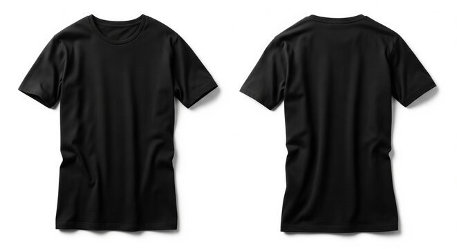 Front and back views of a blank black t-shirt for custom design isolated on white showcasing a classic short-sleeve casual apparel staple
