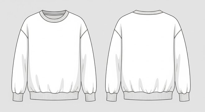 Front and back view vector illustration of a relaxed fit long sleeve sweatshirt ribbed knit collar cuffs and waistband in white