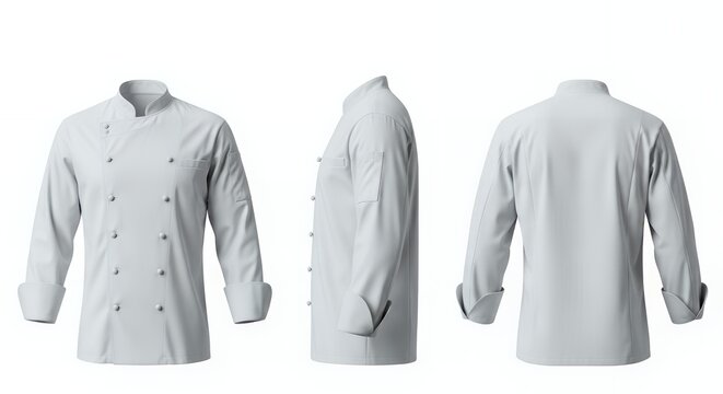 Three-view professional white chef jacket set showing front, side, and back perspectives, featuring double-breasted design, mandarin collar, sleeve pocket, and cuffs isolated on white.