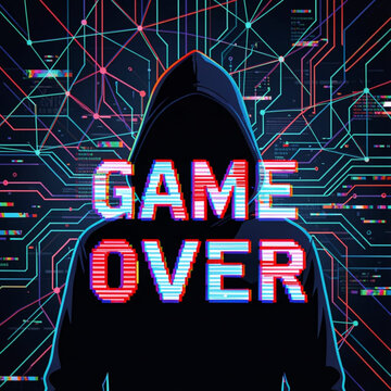 A hooded figure with game over text on a circuit board background
