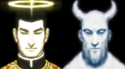 Naklejka premium Angel and devil portraits in pixel art style representing good and evil. Golden halo. Concept of duality, morality, sin and virtue in retro style