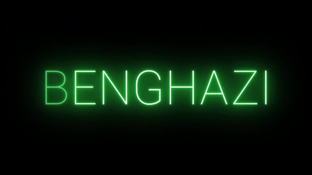 Flickering neon green glowing benghazi sign animated on black background.