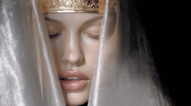 Tsarina. Czar's wife. Empress of Russia. Elegant close-up of a woman wearing a golden crown and is draped in a shimmering silver veil