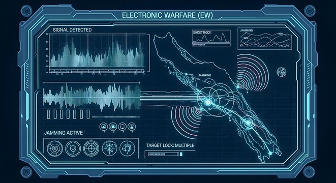 Futuristic electronic warfare display showing signal detection, target lock, and jamming activity over a geographical map.