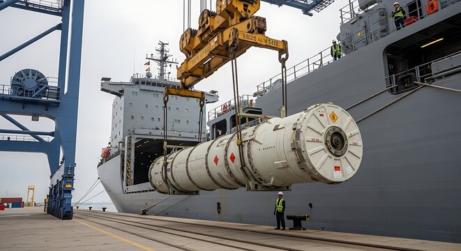 A large cylindrical object, possibly a missile or rocket stage, is being unloaded from a ship by a crane at a port.