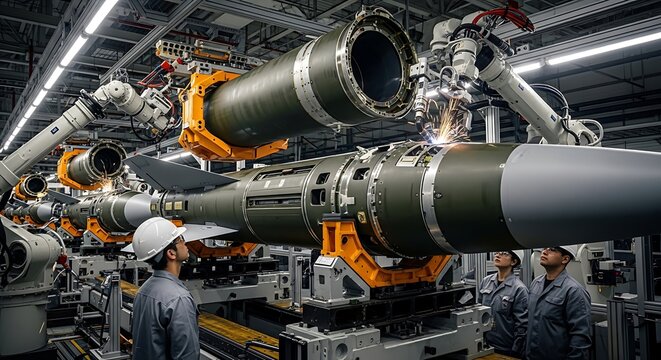 Robotic arms assemble a missile in a high-tech manufacturing facility with human supervisors overseeing the process.