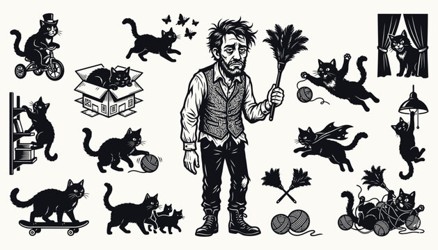 Tired man surrounded by many mischievous black cats illustration
