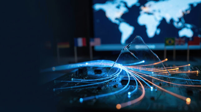 Geopolitics ai digital network light trail sovereignty governance concept on circuit board with world map background and country flag bokeh