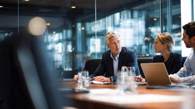 Focused Discussion: A collaborative business meeting unfolds in a modern office, the focus centered on strategic planning and achieving objectives.