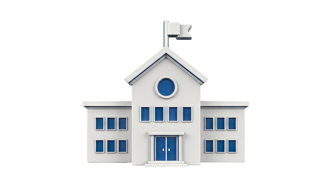 Stylized White School Building with Blue Accents