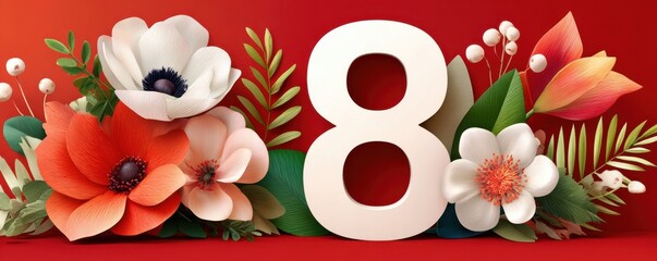 Naklejka premium Paper-cut floral number 8 on red background for spring celebration and International Women's Day