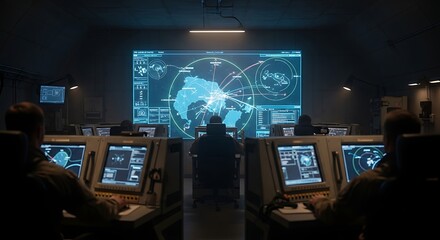 Naklejka premium A dimly lit command center with multiple screens displaying global data and personnel working at consoles.