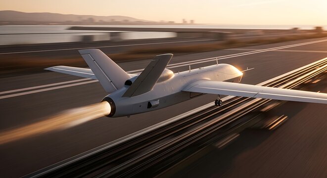A futuristic unmanned aerial vehicle with a powerful jet engine ignites its exhaust as it accelerates down a runway at sunset.