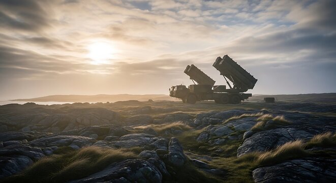 Two mobile missile launcher vehicles on rocky coastal terrain at sunrise with dramatic sky and light rays, showcasing modern defense systems for military operations, tactical visuals and defense use