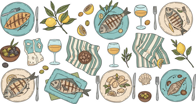 Mediterranean Seafood Meal Set with Grilled Fish, Wine, Olives, and Fresh Lemons Healthy Eating Illustration Collection