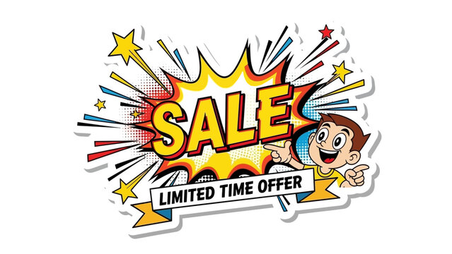 Dynamic Sale Promotion Sticker with Cheerful Cartoon Character and 'Limited Time Offer' Message, Perfect for Discount Announcements